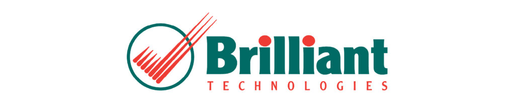 Brilliant Technologies logo: teal wordmark with red accents and diagonal stripes in a circle emblem on the left, TECHNOLOGIES in red below.