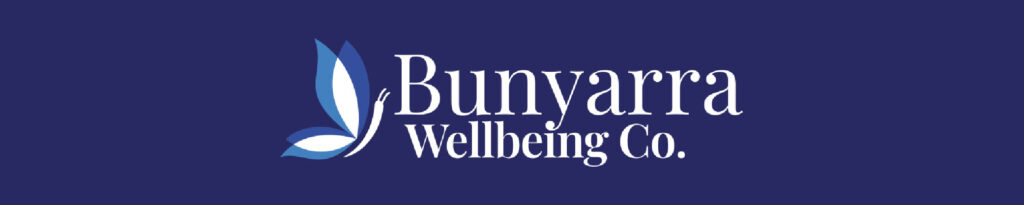 Bunyarra Wellbeing Co. logo with a blue butterfly on a dark blue background.
