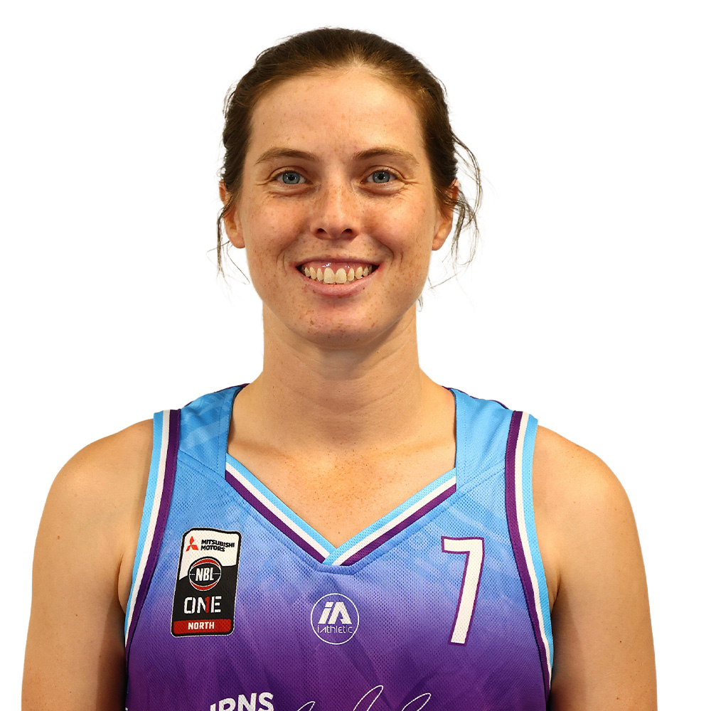 Portrait of a smiling female basketball player wearing a blue-to-purple gradient jersey with the number 7 against a white background.