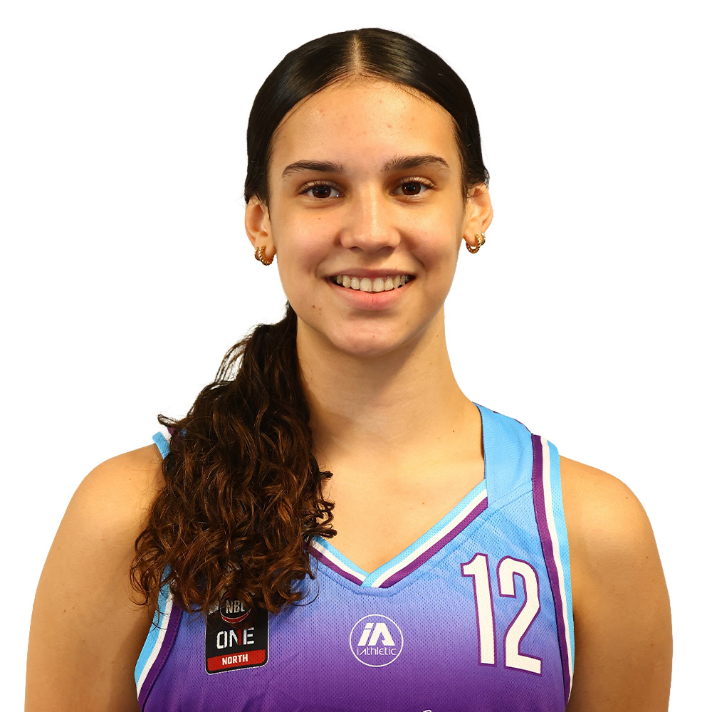 Portrait of a smiling young woman in a purple-blue basketball jersey with the number 12.