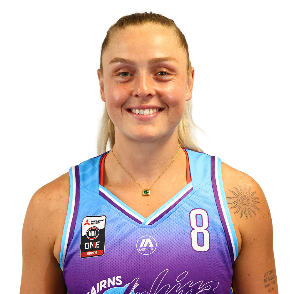 Female basketball player smiling in a blue-to-purple jersey with the number 8, standing against a white background. Dependent details: necklace with green pendant visible.