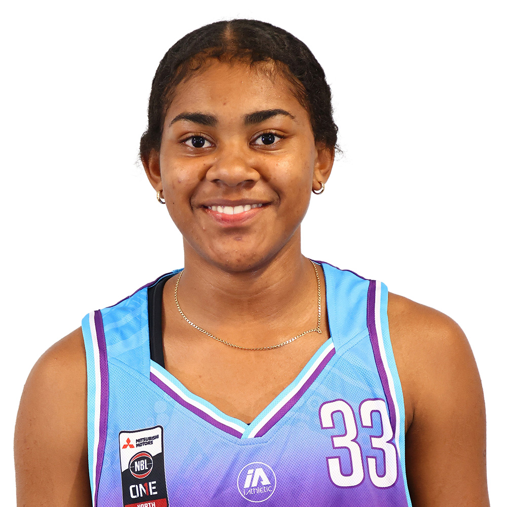 Smiling young woman in a blue-purple basketball jersey with the number 33, facing the camera.