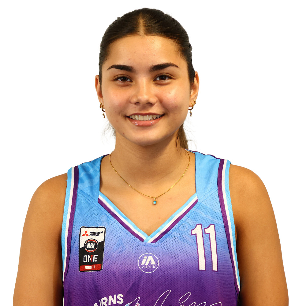 Portrait of a smiling female basketball player wearing a blue-purple jersey with the number 11, against a white background.