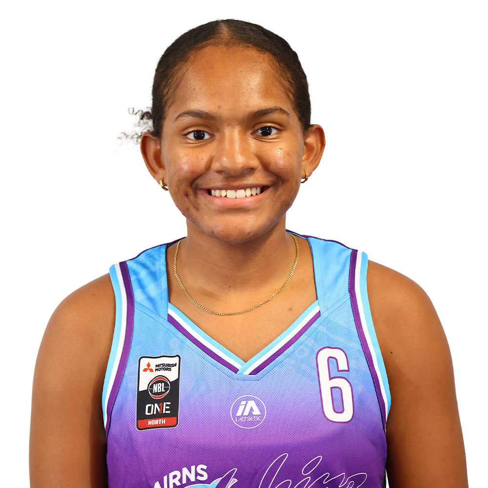 Portrait of a smiling female basketball player wearing a purple-to-blue jersey with the number 6 on the chest.