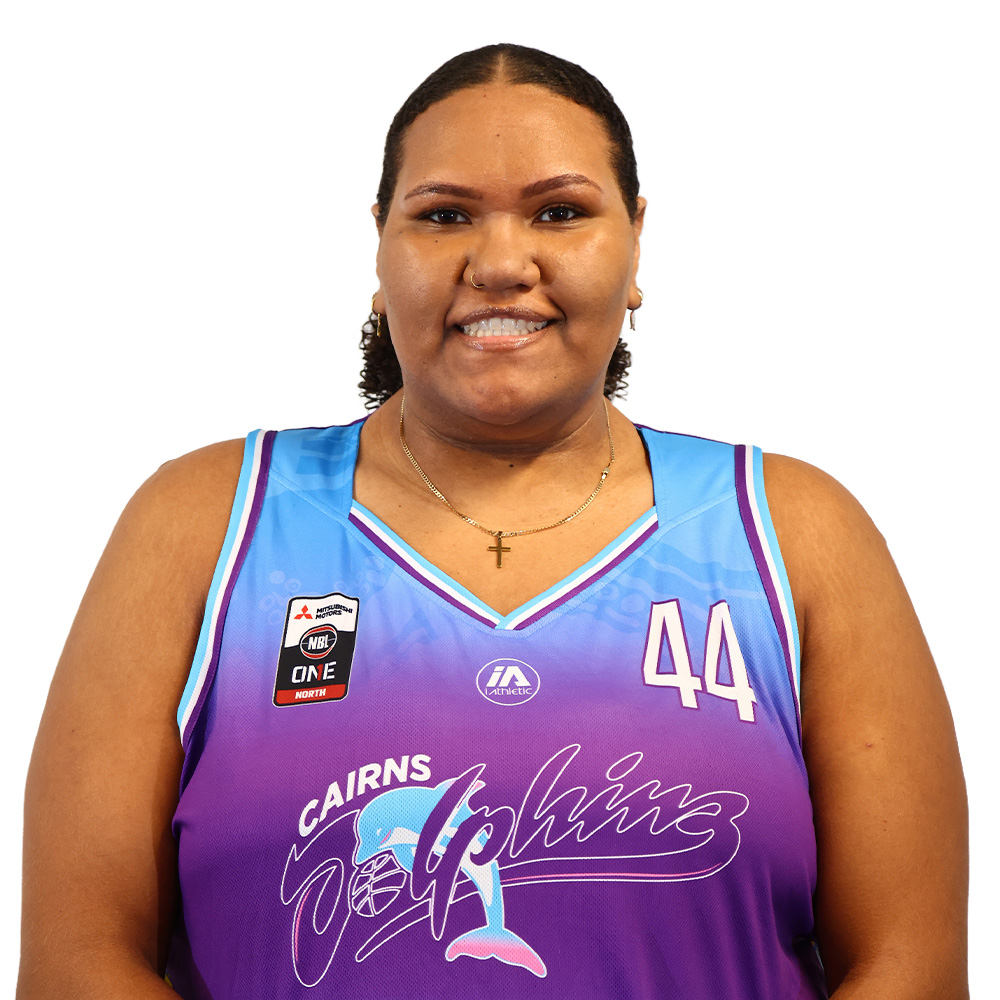 Portrait of a smiling woman wearing a purple-to-blue Cairns Dolphins basketball jersey with the number 44