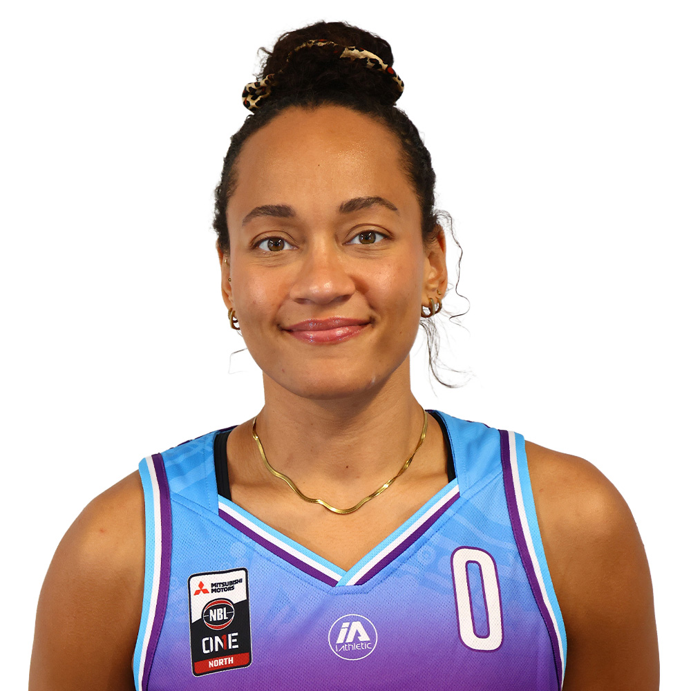 Portrait of a young woman in a blue-purple basketball jersey with the number 0, smiling at the camera.