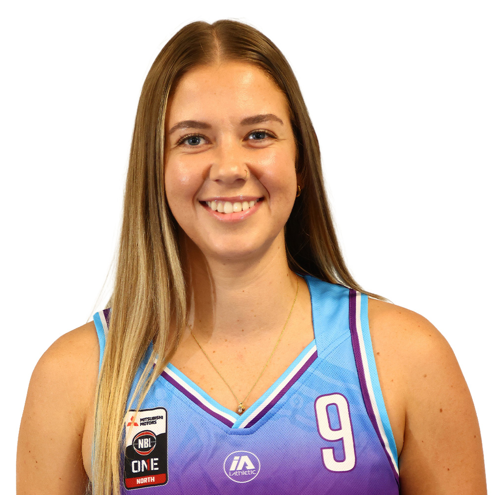 Smiling young woman with long brown hair in a blue basketball jersey number 9, posing for a portrait.