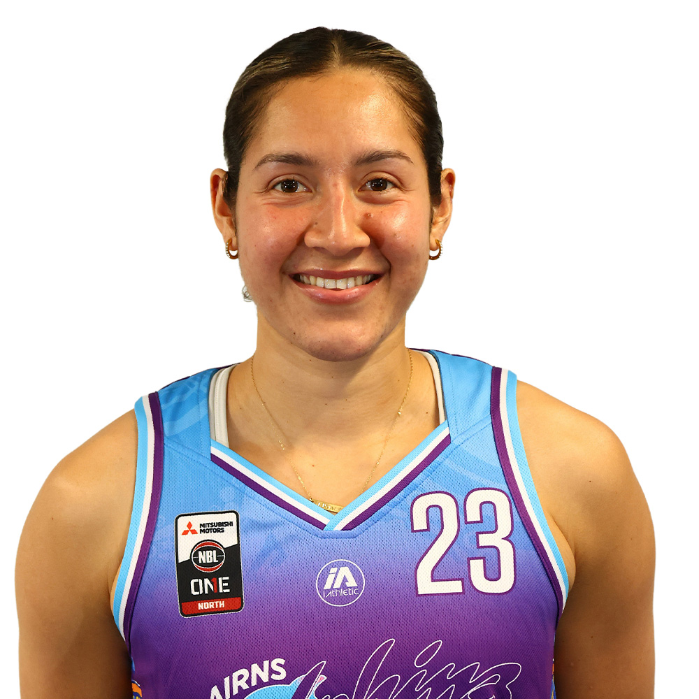 Smiling female basketball player in a blue‑purple jersey with the number 23, facing the camera.