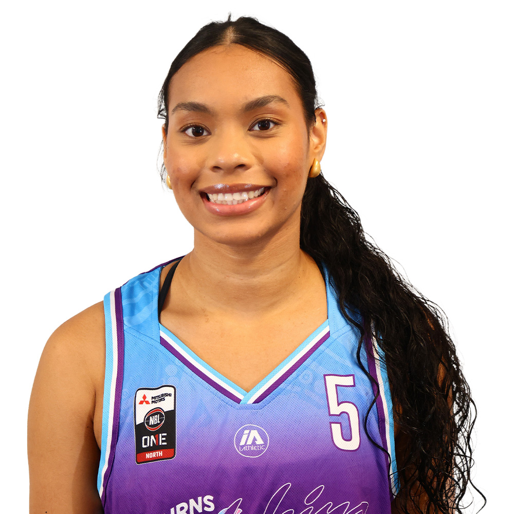 Smiling female basketball player wearing a blue to purple jersey with number 5, facing the camera.