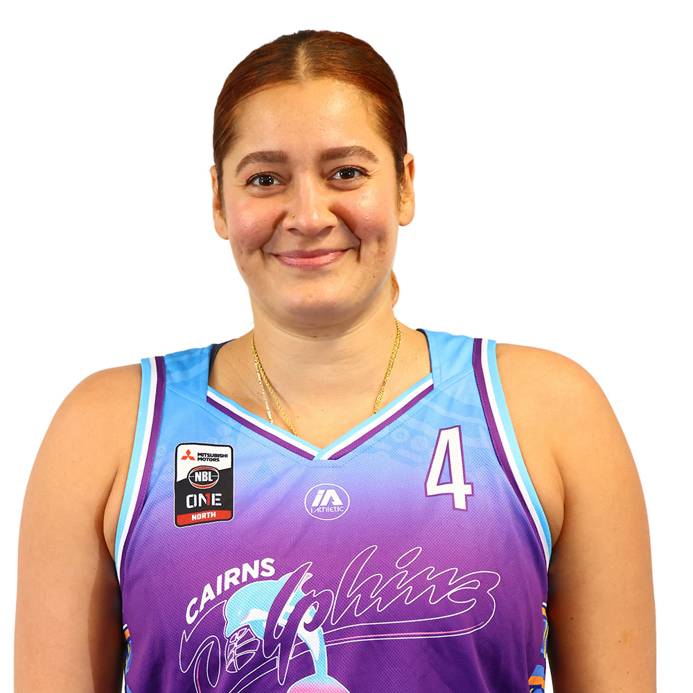 Smiling female basketball/volleyball player wearing a purple Cairns team jersey with the number 4.