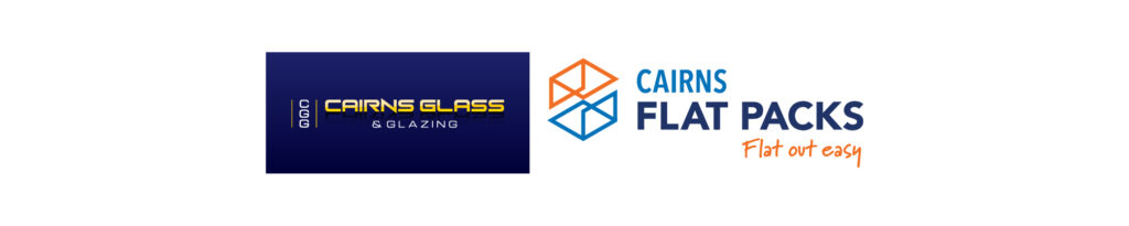 Brand banner showing Cairns Glass & Glazing logo on a navy rectangle paired with the Cairns Flat Packs logo and its orange slogan 'Flat out easy'.