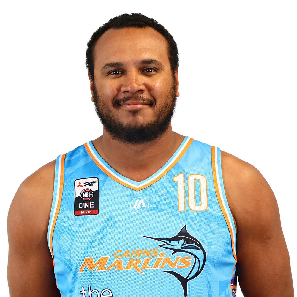 Portrait of a man in a light blue Cairns Marlins basketball jersey, number 10, facing the camera with a slight smile.