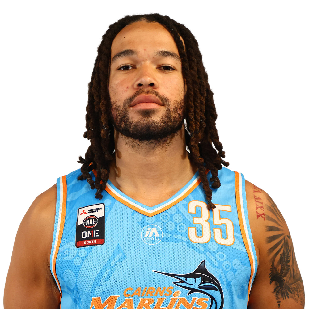 Basketball player with dreadlocks wearing a light blue Cairns Marlins jersey, number 35, facing camera.