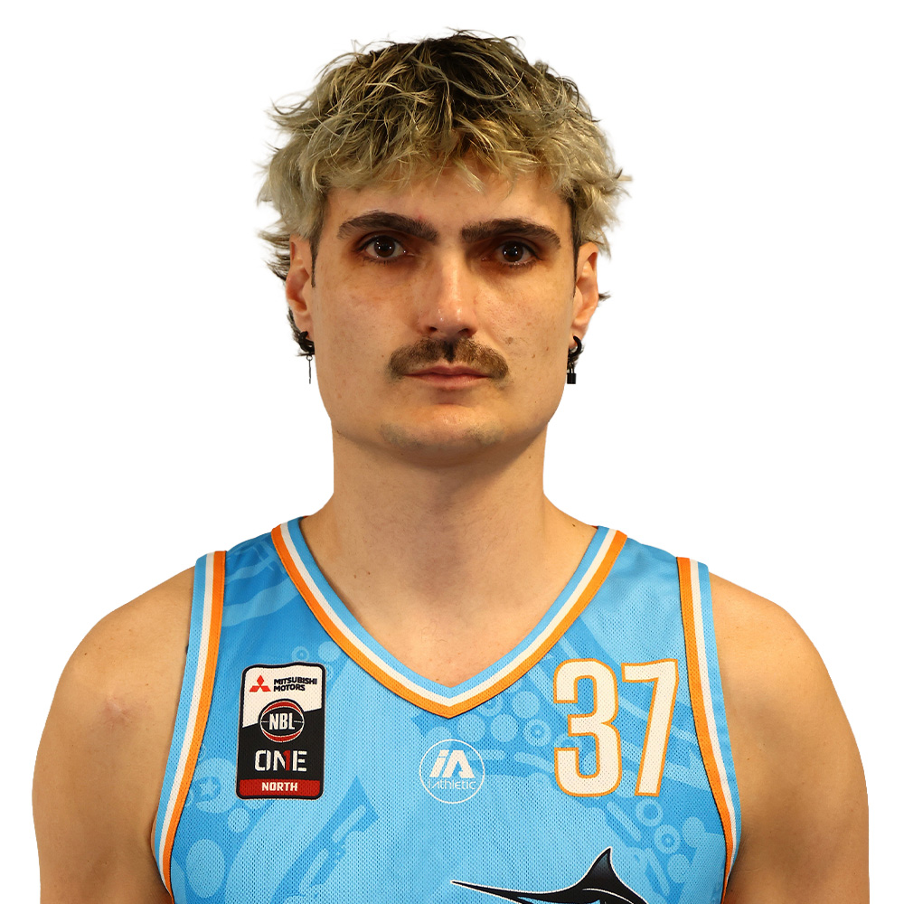 Portrait of a male basketball player wearing a light blue jersey with number 37, standing against a white background.