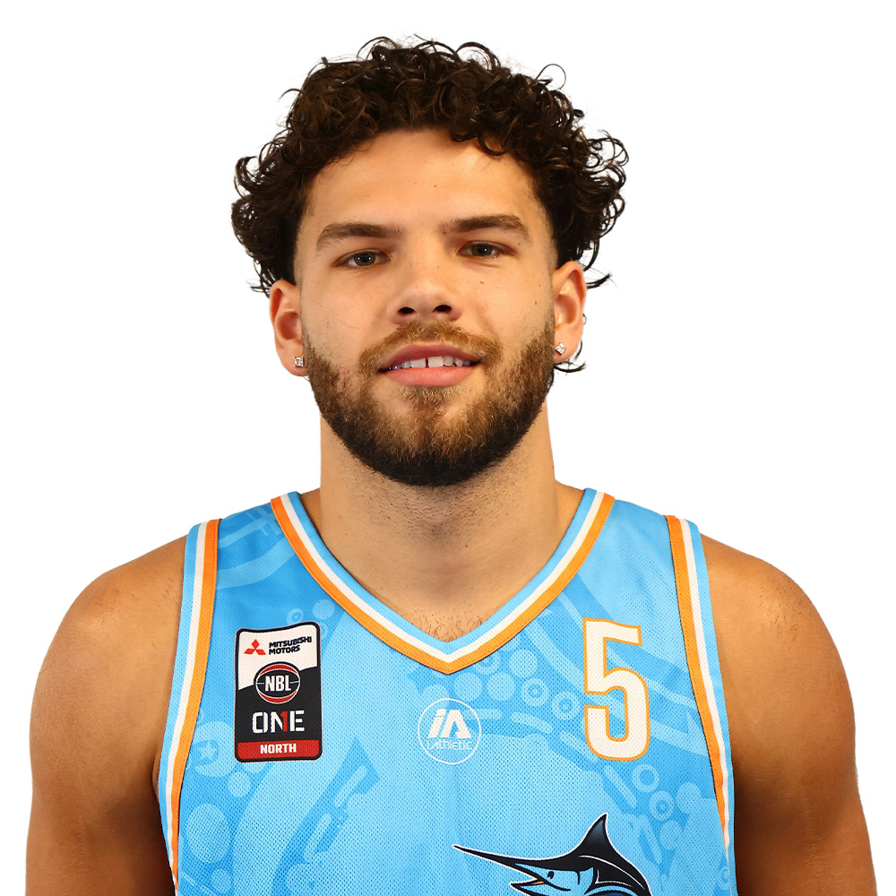 Portrait of a male basketball player with a beard and curly hair wearing a light blue jersey with the number 5.