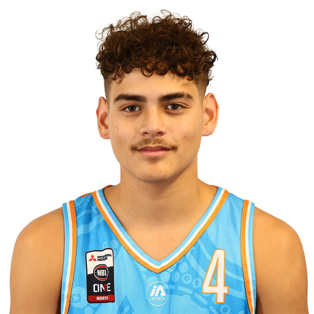Young man with curly hair wearing a blue basketball jersey number 4, facing camera with neutral expression.