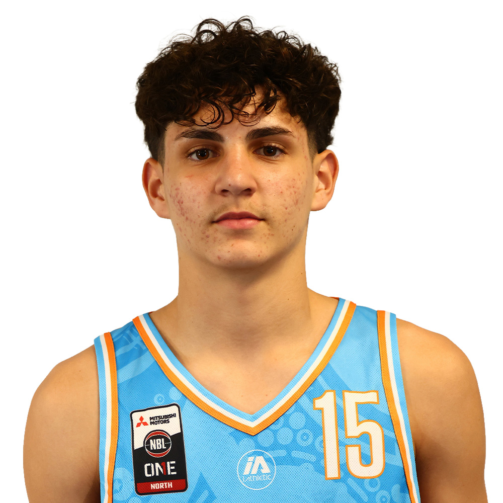 Portrait of a young man with dark curly hair, wearing a light blue basketball jersey with the number 15, facing the camera.