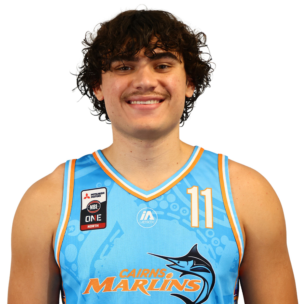 Portrait of a young man in a light blue Cairns Marlins basketball jersey #11, smiling against a white background.