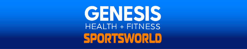 Genesis Health + Fitness SportsWorld logo on a blue gradient background with white and orange text