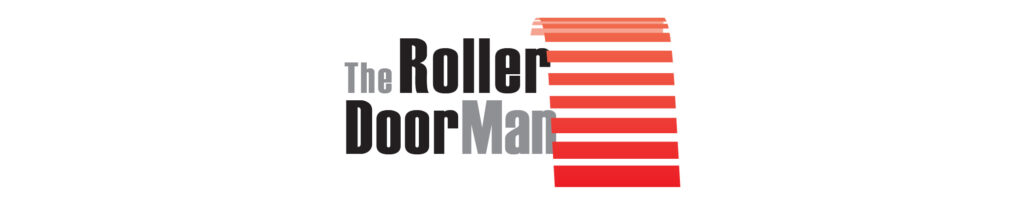 Logo for The Roller Door Man with stacked red stripes resembling a garage door beside bold text.