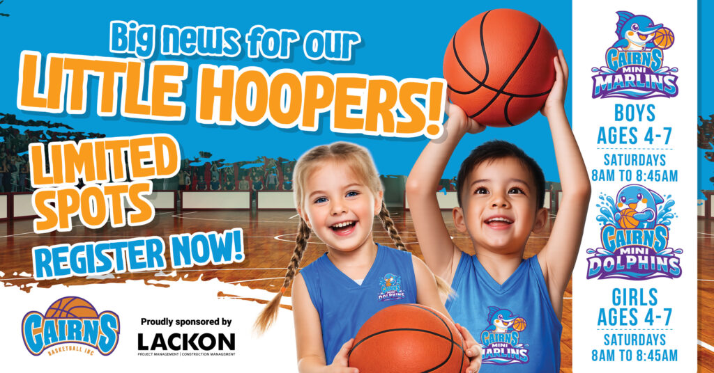 Colorful kids basketball banner showing smiling children holding balls with bold text 'Little Hoopers' and 'Limited Spots' inviting registration.