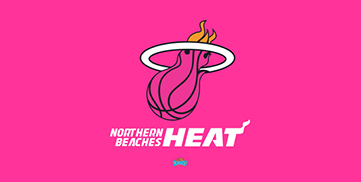 Brand logo for Northern Beaches Heat: a pink background with a flamingo mascot wrapped in a white ring and the text 'Northern Beaches Heat' beneath.