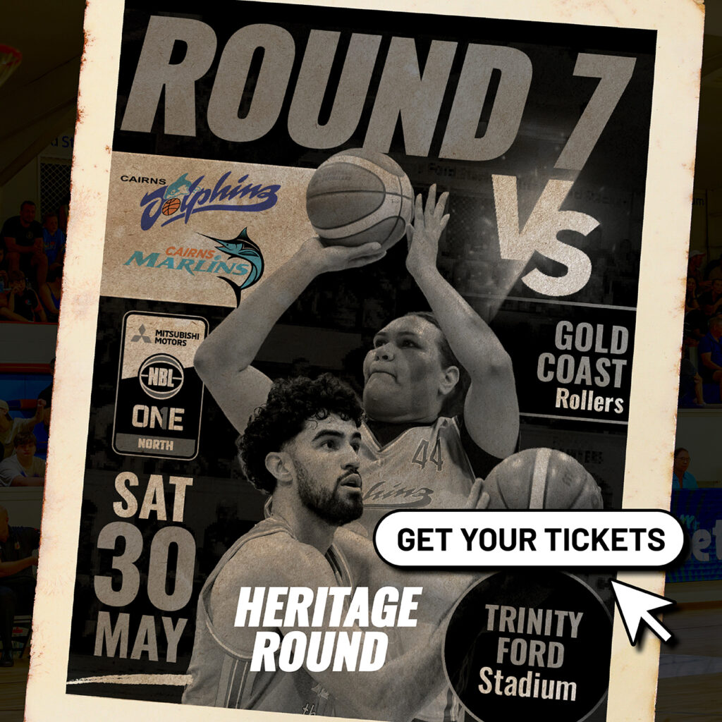 Poster advertising Heritage Round basketball game with players reaching for a ball, large 'ROUND 7' text, and a 'GET YOUR TICKETS' callout in the foreground.
