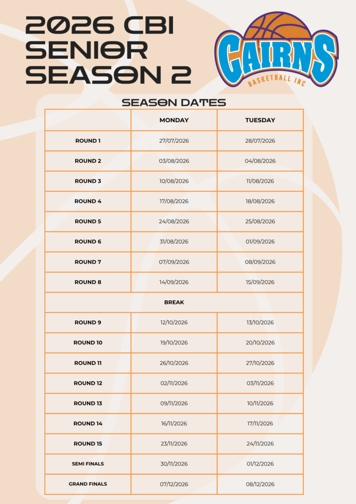 Poster for 2026 CBI Senior Season 2 with Cairns Basketball logo and a two-column rounds schedule showing dates for Monday and Tuesday.