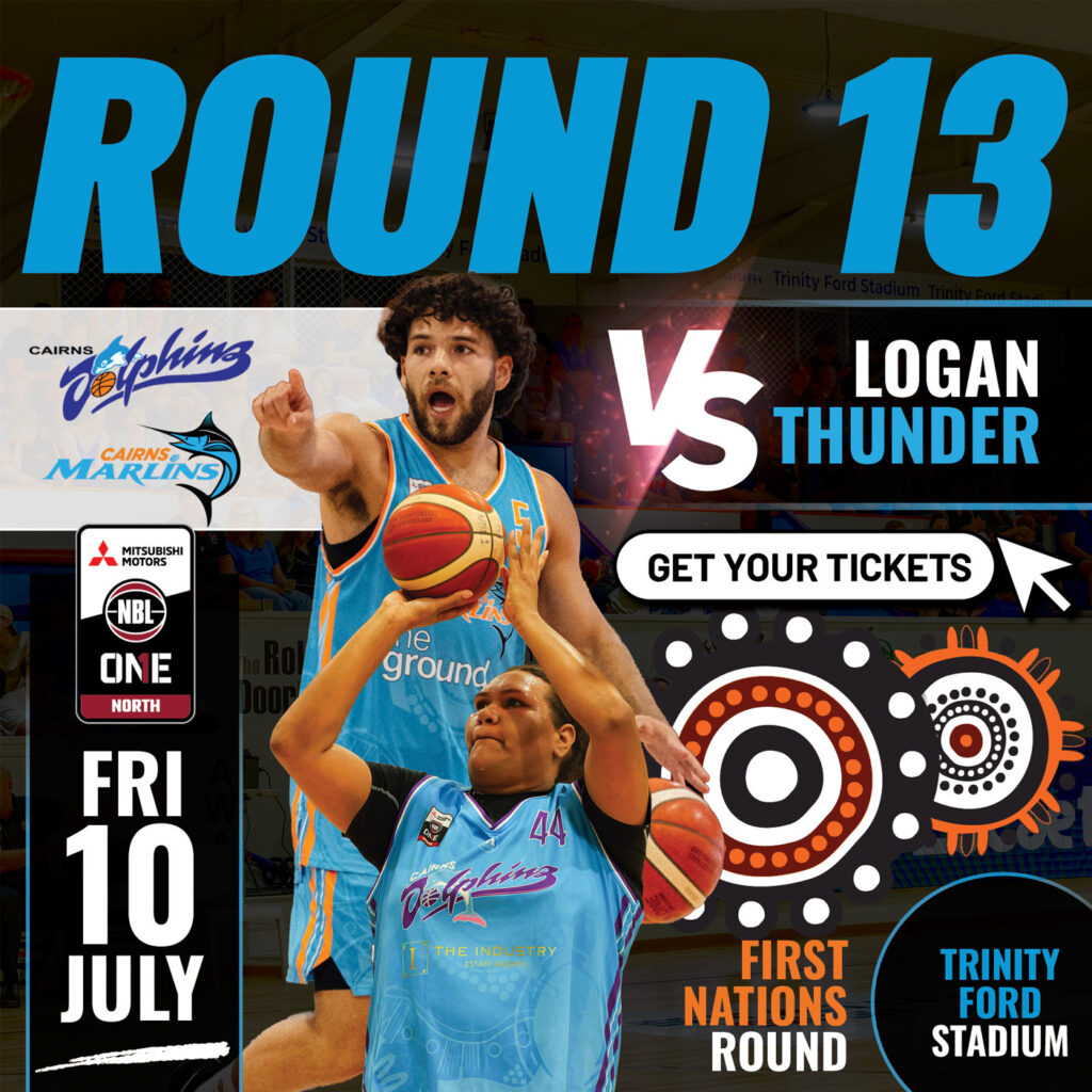 Bold 'ROUND 13' poster featuring basketball players in blue uniforms, team logos, and a 'Get Your Tickets' button for the Cairns vs. Logan Thunder game.
