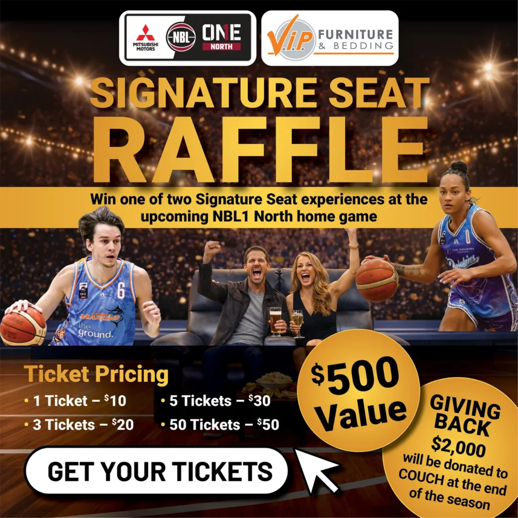 Poster advertising Signature Seat Raffle for an NBL North game with large RAFFLE text, logos, and players in the background; features ballot-style ticket pricing and a big '$500 Value' circle.
