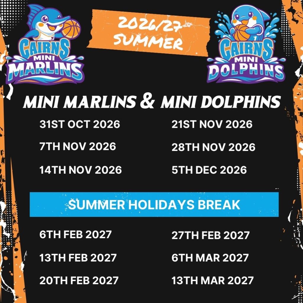 Poster for Cairns Mini Marlins & Mini Dolphins with a two-column schedule on a black background, featuring a blue 'Summer Holidays Break' banner and orange accents.