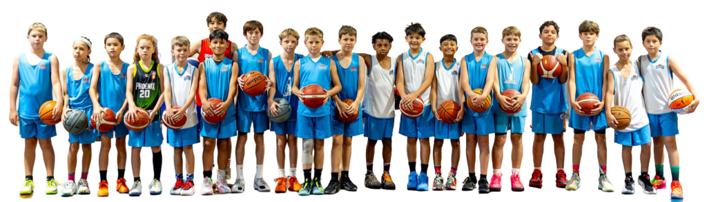 Group of young basketball players in blue uniforms posing in a gym, each holding a basketball in front of them as a team photo.