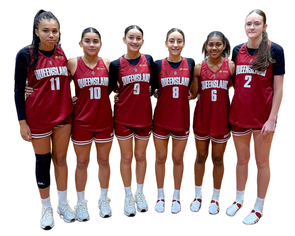 Six female basketball players in red Queensland jerseys stand with arms around each other on a wooden gym floor, posing for a team photo (numbers 11, 10, 9, 8, 6, 2).